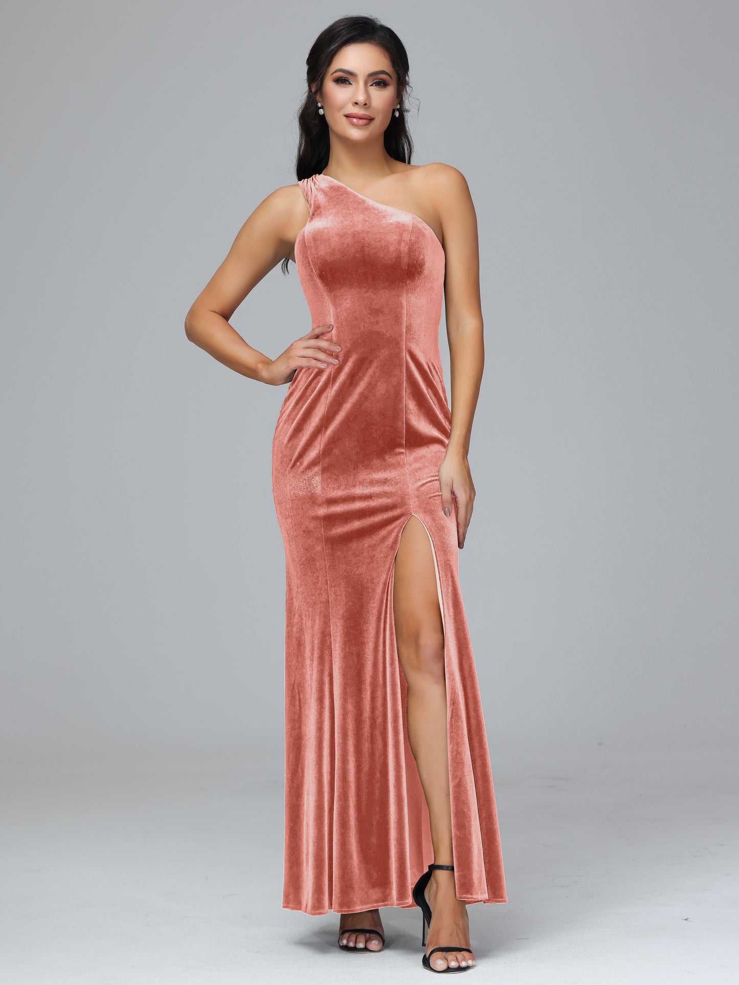 One Shoulder Plus Size Velvet Bridesmaid Dress With Slit