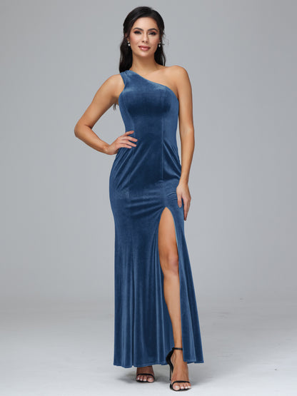 One Shoulder Plus Size Velvet Bridesmaid Dress With Slit