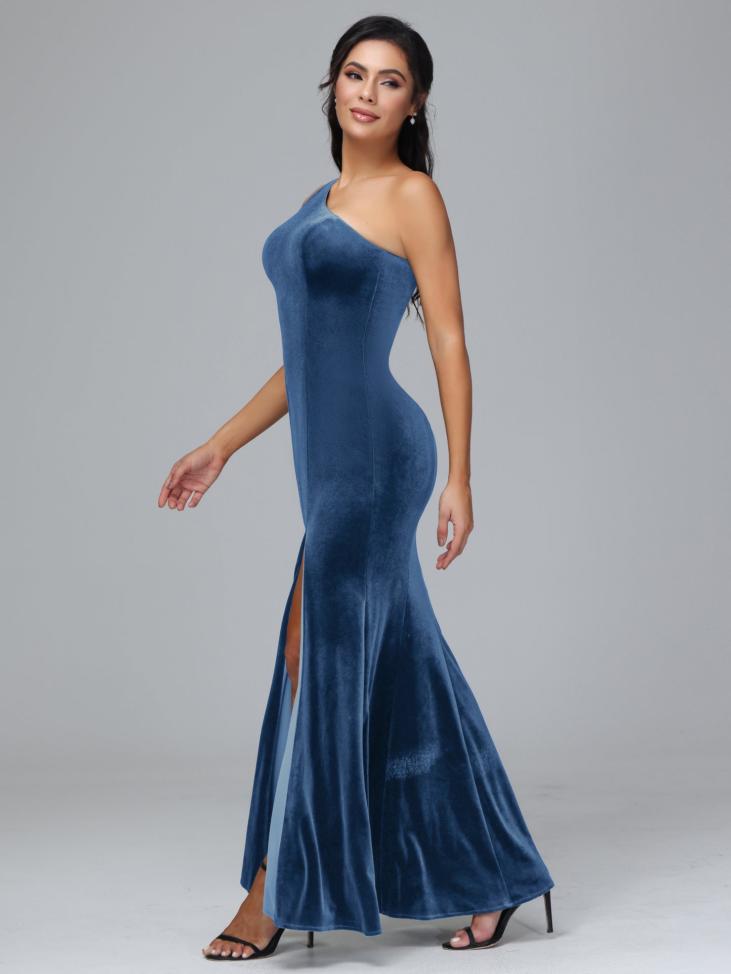 One Shoulder Plus Size Velvet Bridesmaid Dress With Slit
