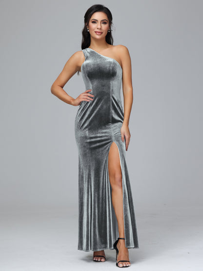 One Shoulder Plus Size Velvet Bridesmaid Dress With Slit