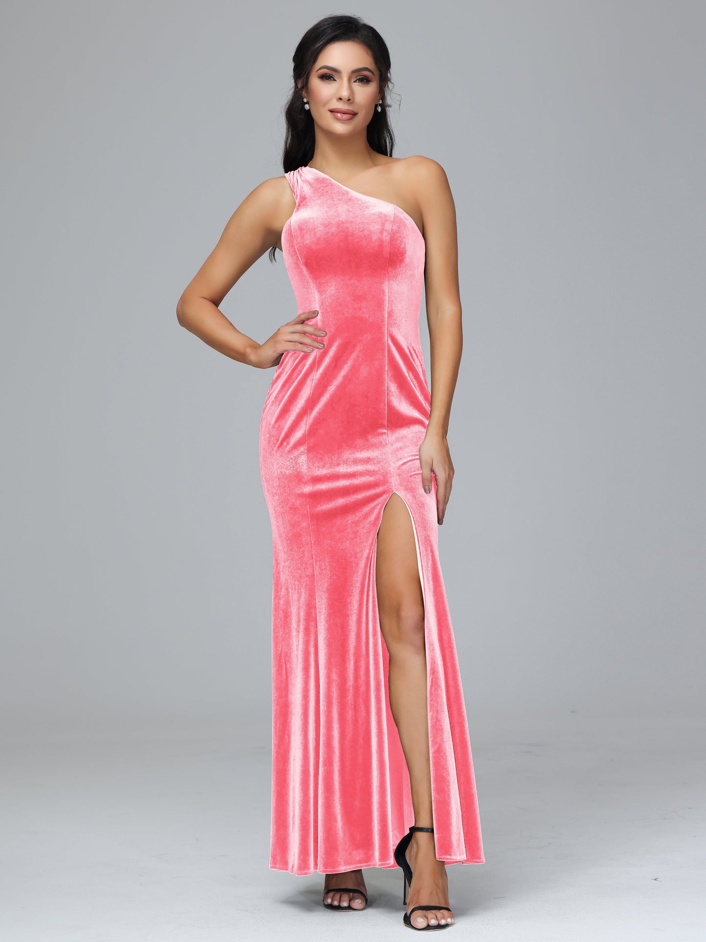 One Shoulder Plus Size Velvet Bridesmaid Dress With Slit