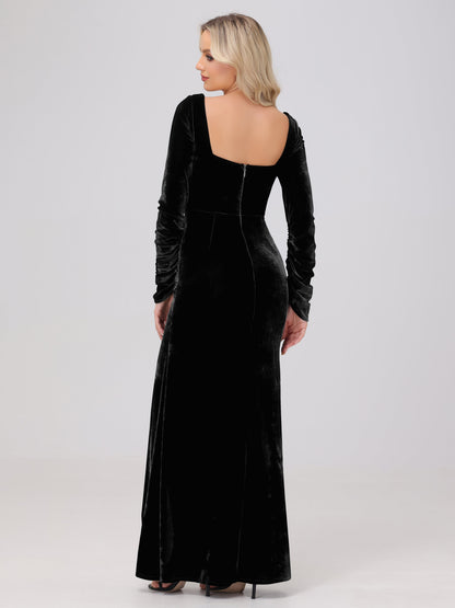 Elegant Long Sleeves Sheath Ruched Velvet Bridesmaid Dresses with Slit