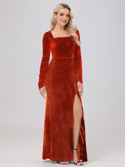 Elegant Long Sleeves Sheath Ruched Velvet Bridesmaid Dresses with Slit