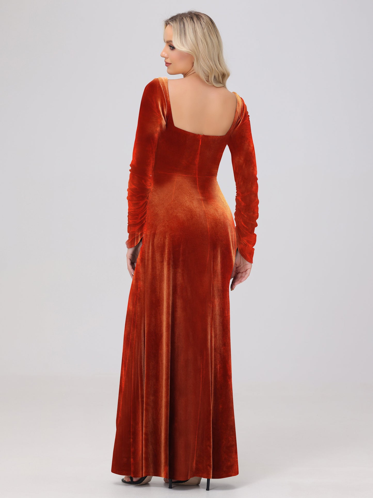 Elegant Long Sleeves Sheath Ruched Velvet Bridesmaid Dresses with Slit