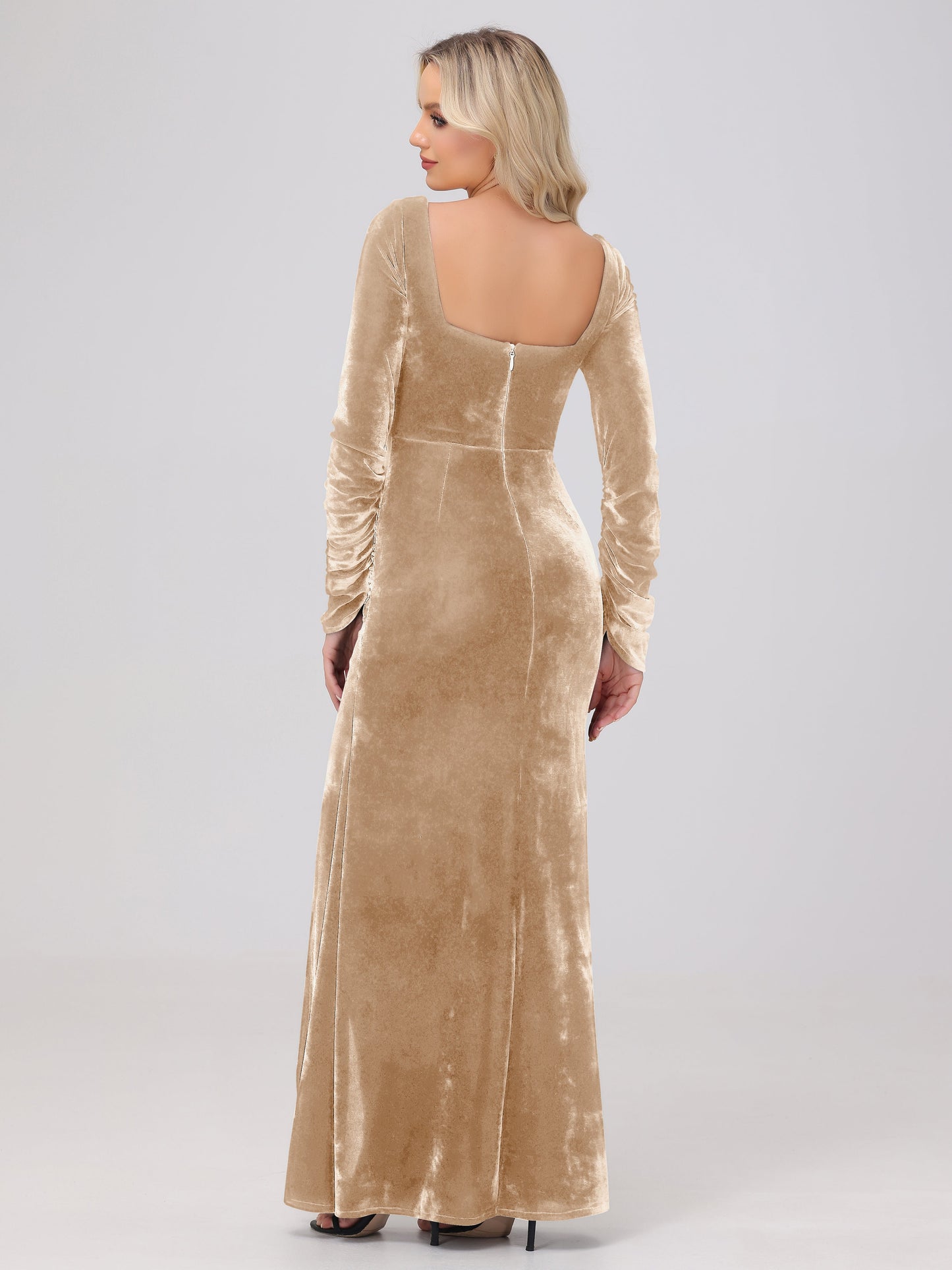 Elegant Long Sleeves Sheath Ruched Velvet Bridesmaid Dresses with Slit