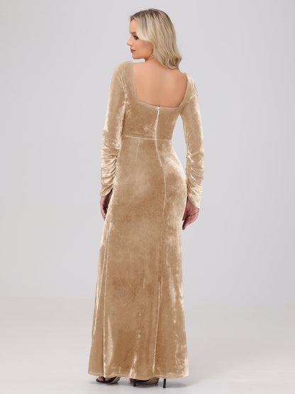 Elegant Long Sleeves Sheath Ruched Velvet Bridesmaid Dresses with Slit