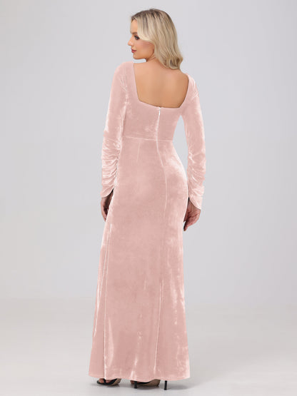 Elegant Long Sleeves Sheath Ruched Velvet Bridesmaid Dresses with Slit