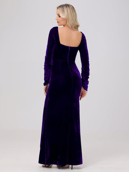 Elegant Long Sleeves Sheath Ruched Velvet Bridesmaid Dresses with Slit