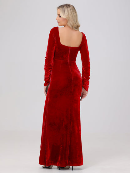 Elegant Long Sleeves Sheath Ruched Velvet Bridesmaid Dresses with Slit