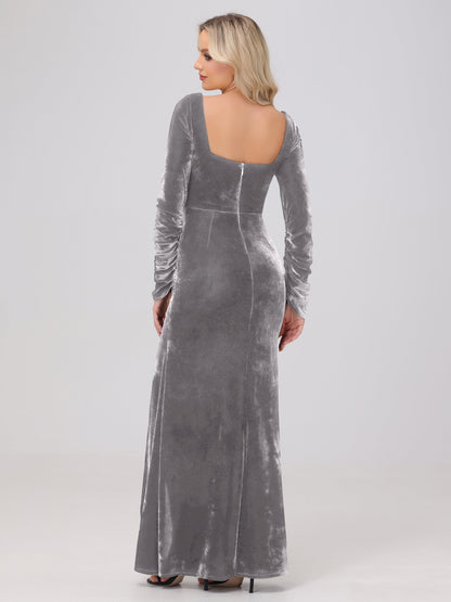 Elegant Long Sleeves Sheath Ruched Velvet Bridesmaid Dresses with Slit