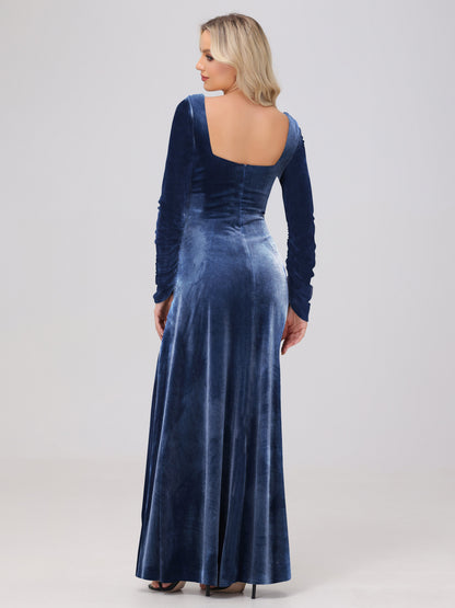 Elegant Long Sleeves Sheath Ruched Velvet Bridesmaid Dresses with Slit