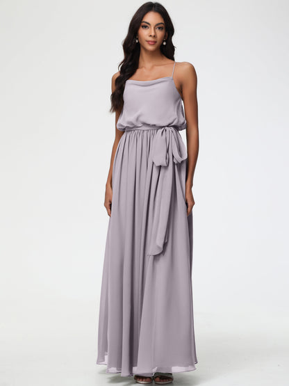 Dusk Bridesmaid Dresses A-Line Spaghetti Straps Cowl Back Floor Length Chiffon Bridesmaid Dresses with Split and Belt