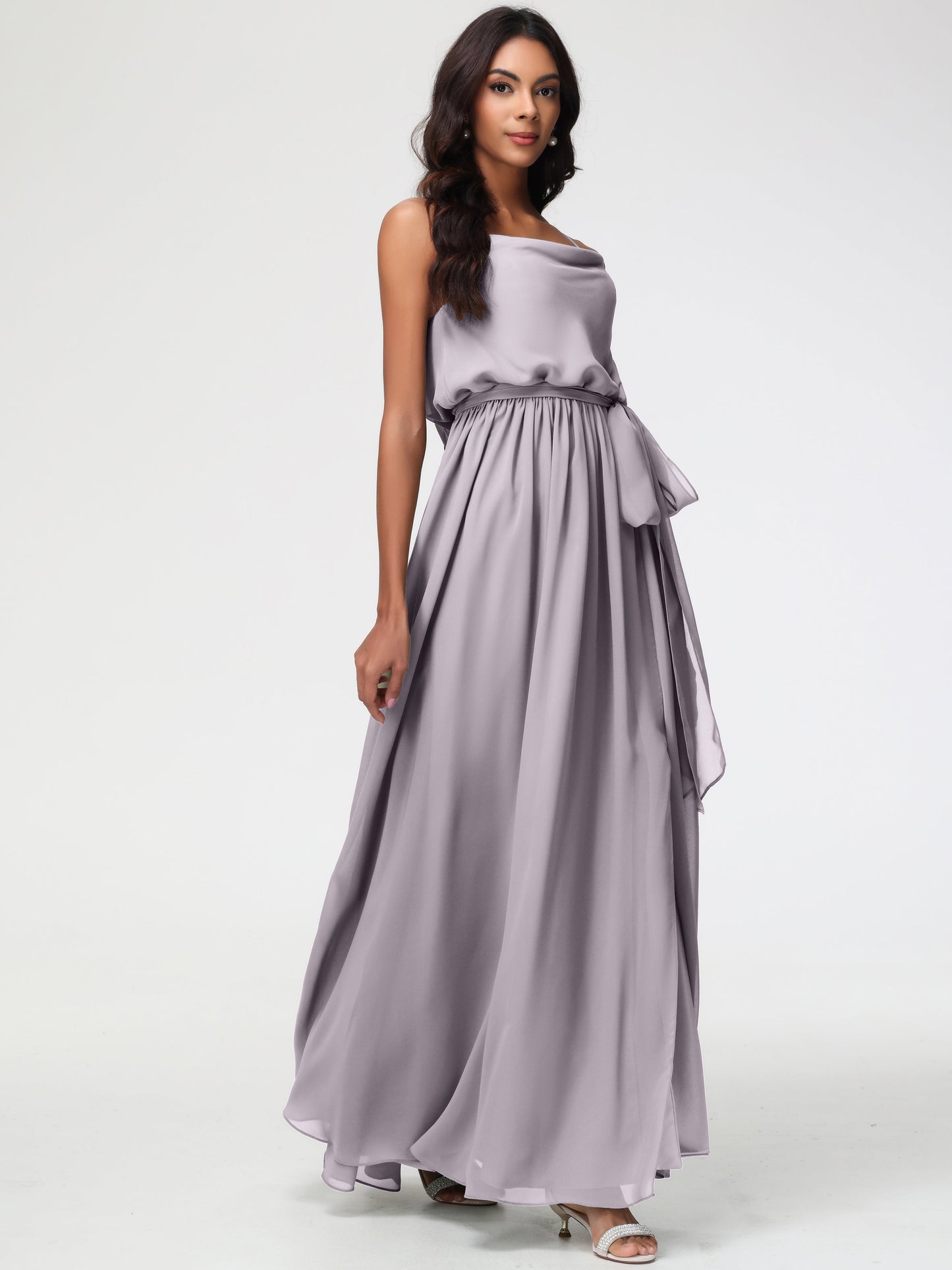 Dusk Bridesmaid Dresses A-Line Spaghetti Straps Cowl Back Floor Length Chiffon Bridesmaid Dresses with Split and Belt