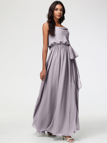 Dusk Bridesmaid Dresses A-Line Spaghetti Straps Cowl Back Floor Length Chiffon Bridesmaid Dresses with Split and Belt