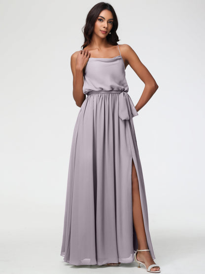 Dusk Bridesmaid Dresses A-Line Spaghetti Straps Cowl Back Floor Length Chiffon Bridesmaid Dresses with Split and Belt