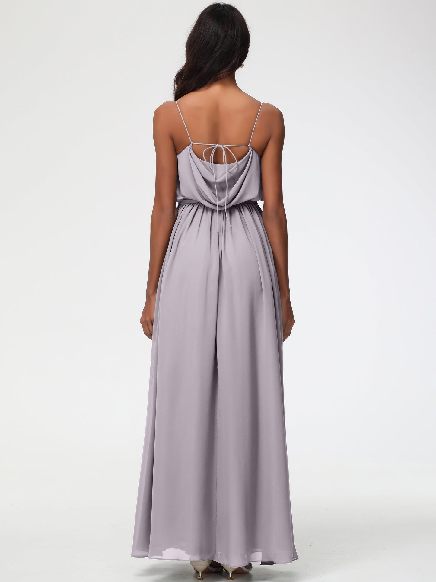 Dusk Bridesmaid Dresses A-Line Spaghetti Straps Cowl Back Floor Length Chiffon Bridesmaid Dresses with Split and Belt