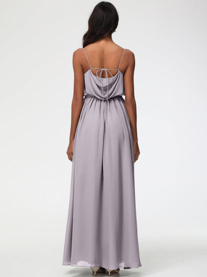Dusk Bridesmaid Dresses A-Line Spaghetti Straps Cowl Back Floor Length Chiffon Bridesmaid Dresses with Split and Belt