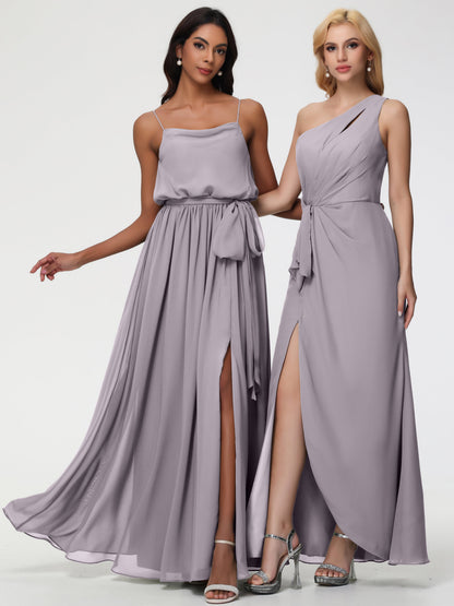 Dusk Bridesmaid Dresses A-Line Spaghetti Straps Cowl Back Floor Length Chiffon Bridesmaid Dresses with Split and Belt
