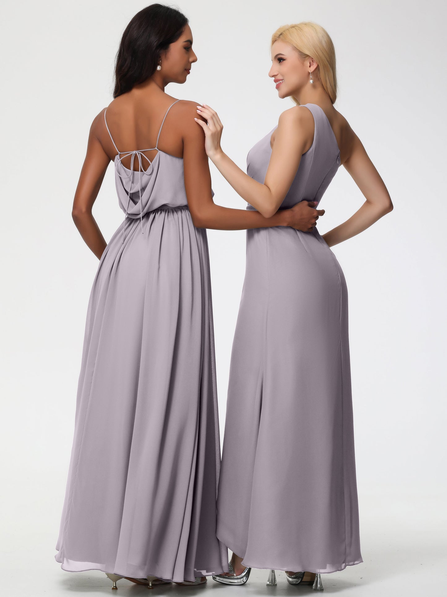 Dusk Bridesmaid Dresses A-Line Spaghetti Straps Cowl Back Floor Length Chiffon Bridesmaid Dresses with Split and Belt