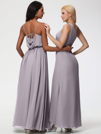 Dusk Bridesmaid Dresses A-Line Spaghetti Straps Cowl Back Floor Length Chiffon Bridesmaid Dresses with Split and Belt