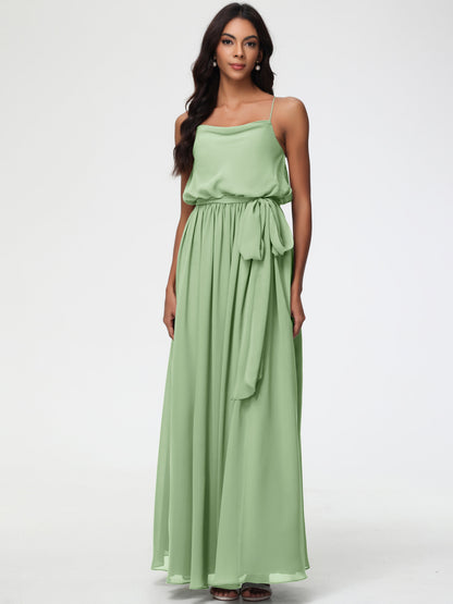 Dusty Sage Green Bridesmaid Dresses A-Line Spaghetti Straps Cowl Back Floor Length Chiffon Bridesmaid Dresses with Split and Belt