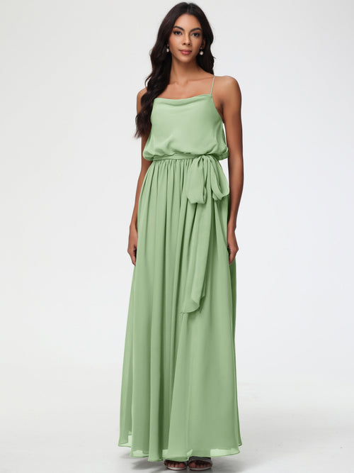 Dusty Sage Green Bridesmaid Dresses A-Line Spaghetti Straps Cowl Back Floor Length Chiffon Bridesmaid Dresses with Split and Belt