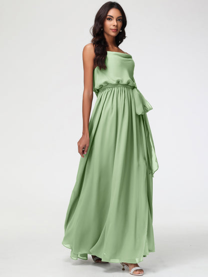 Dusty Sage Green Bridesmaid Dresses A-Line Spaghetti Straps Cowl Back Floor Length Chiffon Bridesmaid Dresses with Split and Belt