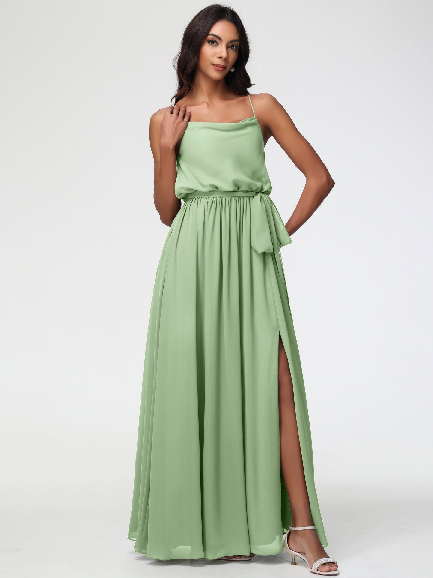 Dusty Sage Green Bridesmaid Dresses A-Line Spaghetti Straps Cowl Back Floor Length Chiffon Bridesmaid Dresses with Split and Belt