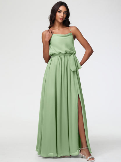 Dusty Sage Green Bridesmaid Dresses A-Line Spaghetti Straps Cowl Back Floor Length Chiffon Bridesmaid Dresses with Split and Belt