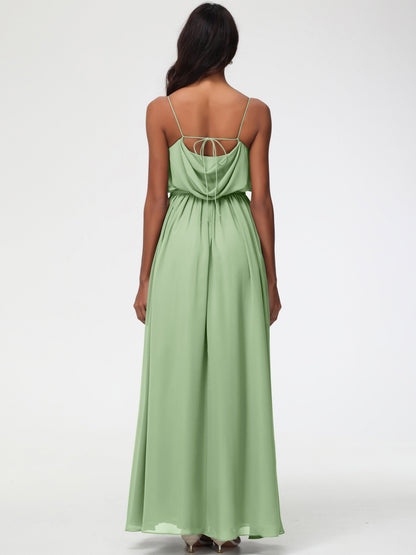 Dusty Sage Green Bridesmaid Dresses A-Line Spaghetti Straps Cowl Back Floor Length Chiffon Bridesmaid Dresses with Split and Belt