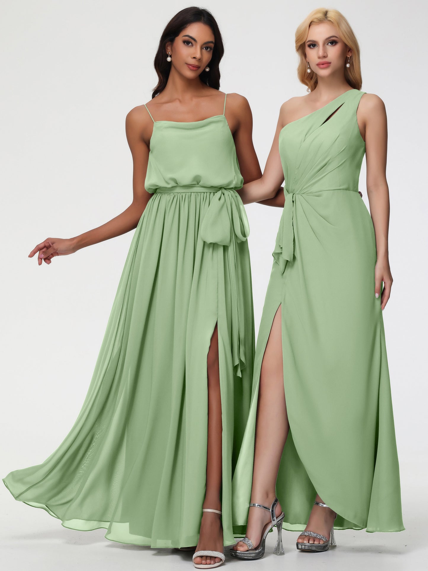 Dusty Sage Green Bridesmaid Dresses A-Line Spaghetti Straps Cowl Back Floor Length Chiffon Bridesmaid Dresses with Split and Belt