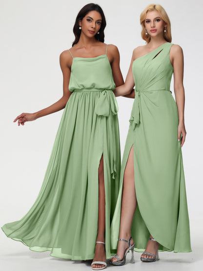 Dusty Sage Green Bridesmaid Dresses A-Line Spaghetti Straps Cowl Back Floor Length Chiffon Bridesmaid Dresses with Split and Belt