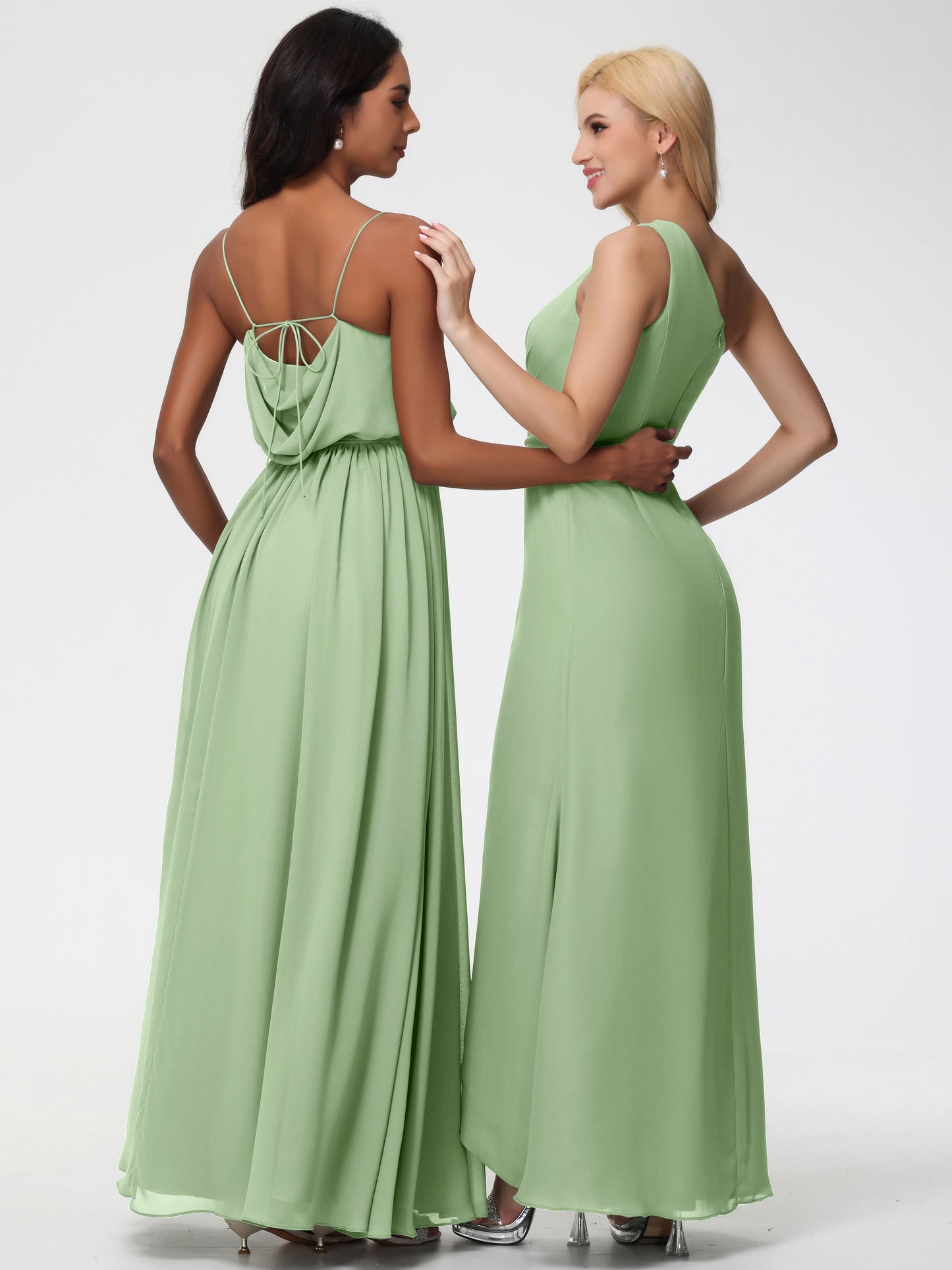 Dusty Sage Green Bridesmaid Dresses A-Line Spaghetti Straps Cowl Back Floor Length Chiffon Bridesmaid Dresses with Split and Belt