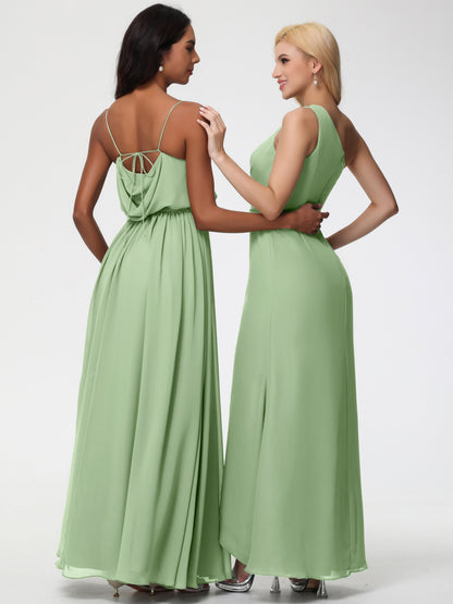 Dusty Sage Green Bridesmaid Dresses A-Line Spaghetti Straps Cowl Back Floor Length Chiffon Bridesmaid Dresses with Split and Belt
