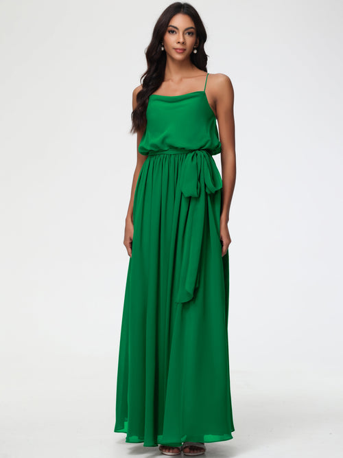 Emerald Green Bridesmaid Dresses A-Line Spaghetti Straps Cowl Back Floor Length Chiffon Bridesmaid Dresses with Split and Belt