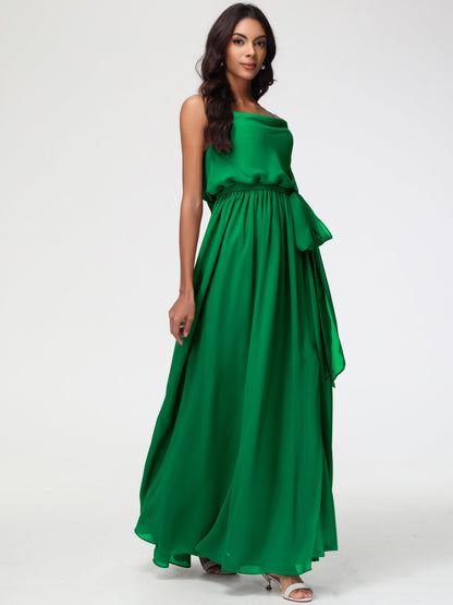 Emerald Green Bridesmaid Dresses A-Line Spaghetti Straps Cowl Back Floor Length Chiffon Bridesmaid Dresses with Split and Belt