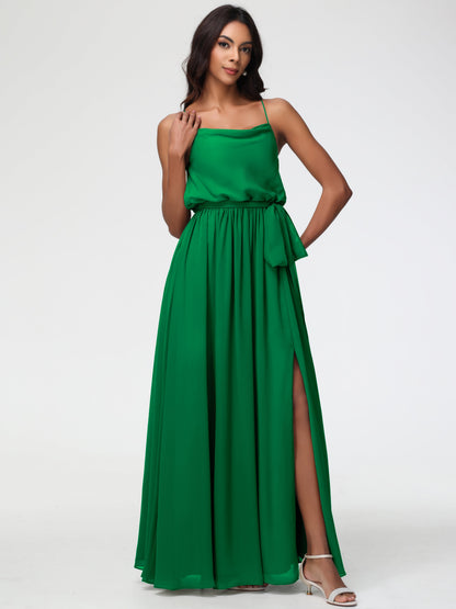 Emerald Green Bridesmaid Dresses A-Line Spaghetti Straps Cowl Back Floor Length Chiffon Bridesmaid Dresses with Split and Belt
