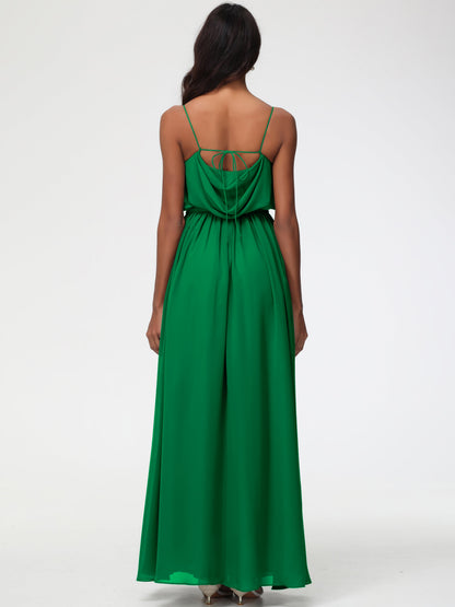 Emerald Green Bridesmaid Dresses A-Line Spaghetti Straps Cowl Back Floor Length Chiffon Bridesmaid Dresses with Split and Belt
