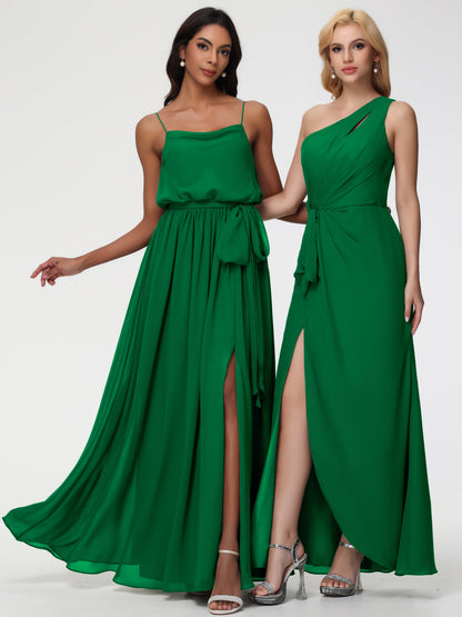 Emerald Green Bridesmaid Dresses A-Line Spaghetti Straps Cowl Back Floor Length Chiffon Bridesmaid Dresses with Split and Belt