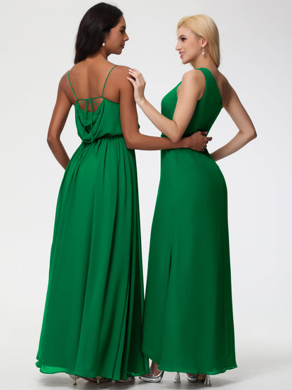 Emerald Green Bridesmaid Dresses A-Line Spaghetti Straps Cowl Back Floor Length Chiffon Bridesmaid Dresses with Split and Belt