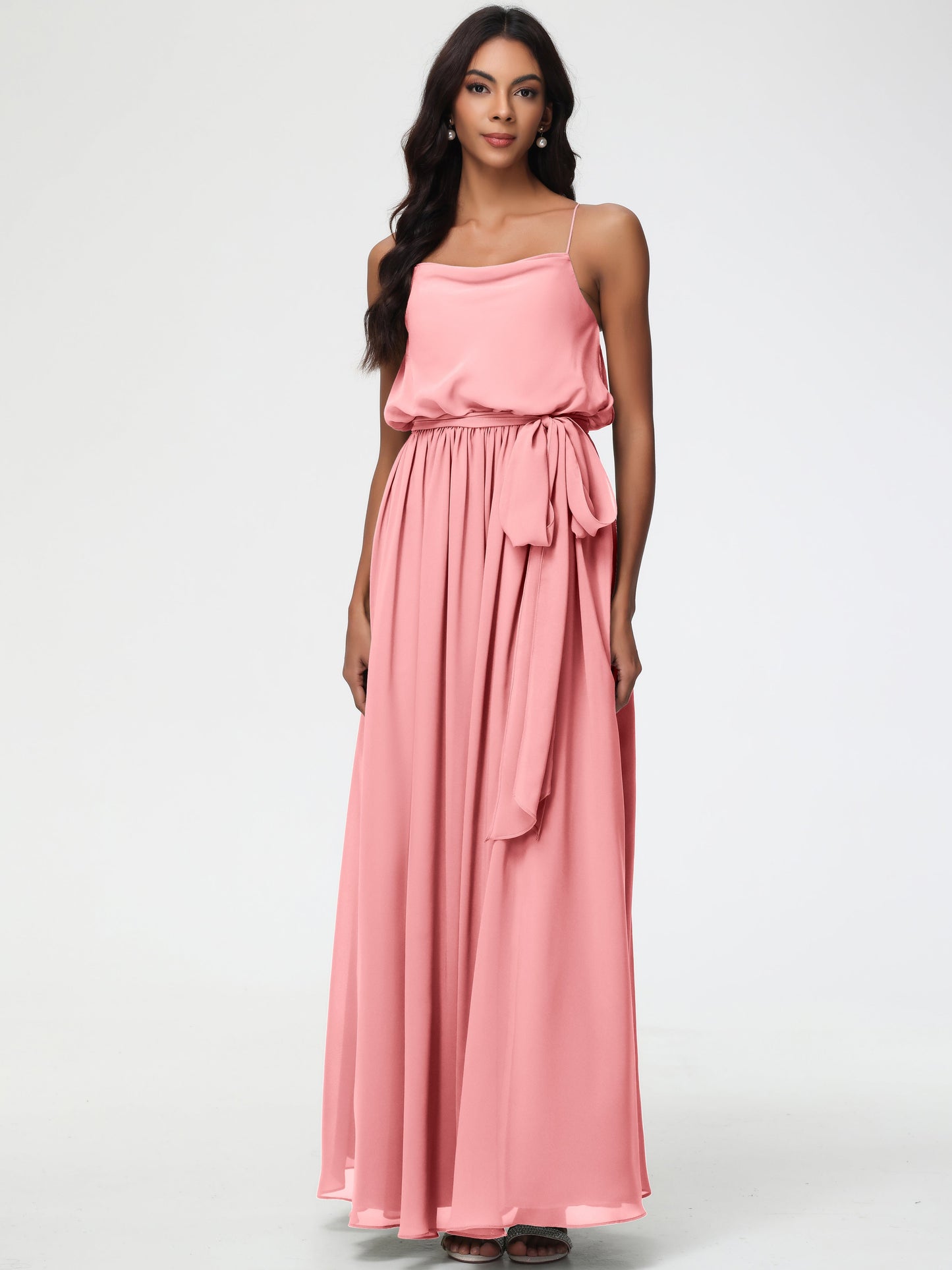 Flamingo Bridesmaid Dress A-Line Spaghetti Straps Cowl Back Floor Length Chiffon Bridesmaid Dresses with Split and Belt
