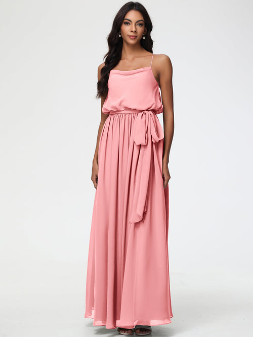 Flamingo Bridesmaid Dress A-Line Spaghetti Straps Cowl Back Floor Length Chiffon Bridesmaid Dresses with Split and Belt