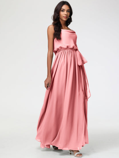 Flamingo Bridesmaid Dress A-Line Spaghetti Straps Cowl Back Floor Length Chiffon Bridesmaid Dresses with Split and Belt