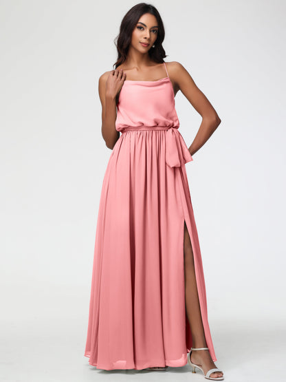 Flamingo Bridesmaid Dress A-Line Spaghetti Straps Cowl Back Floor Length Chiffon Bridesmaid Dresses with Split and Belt