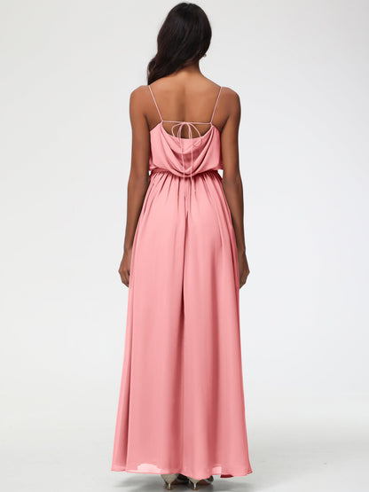 Flamingo Bridesmaid Dress A-Line Spaghetti Straps Cowl Back Floor Length Chiffon Bridesmaid Dresses with Split and Belt
