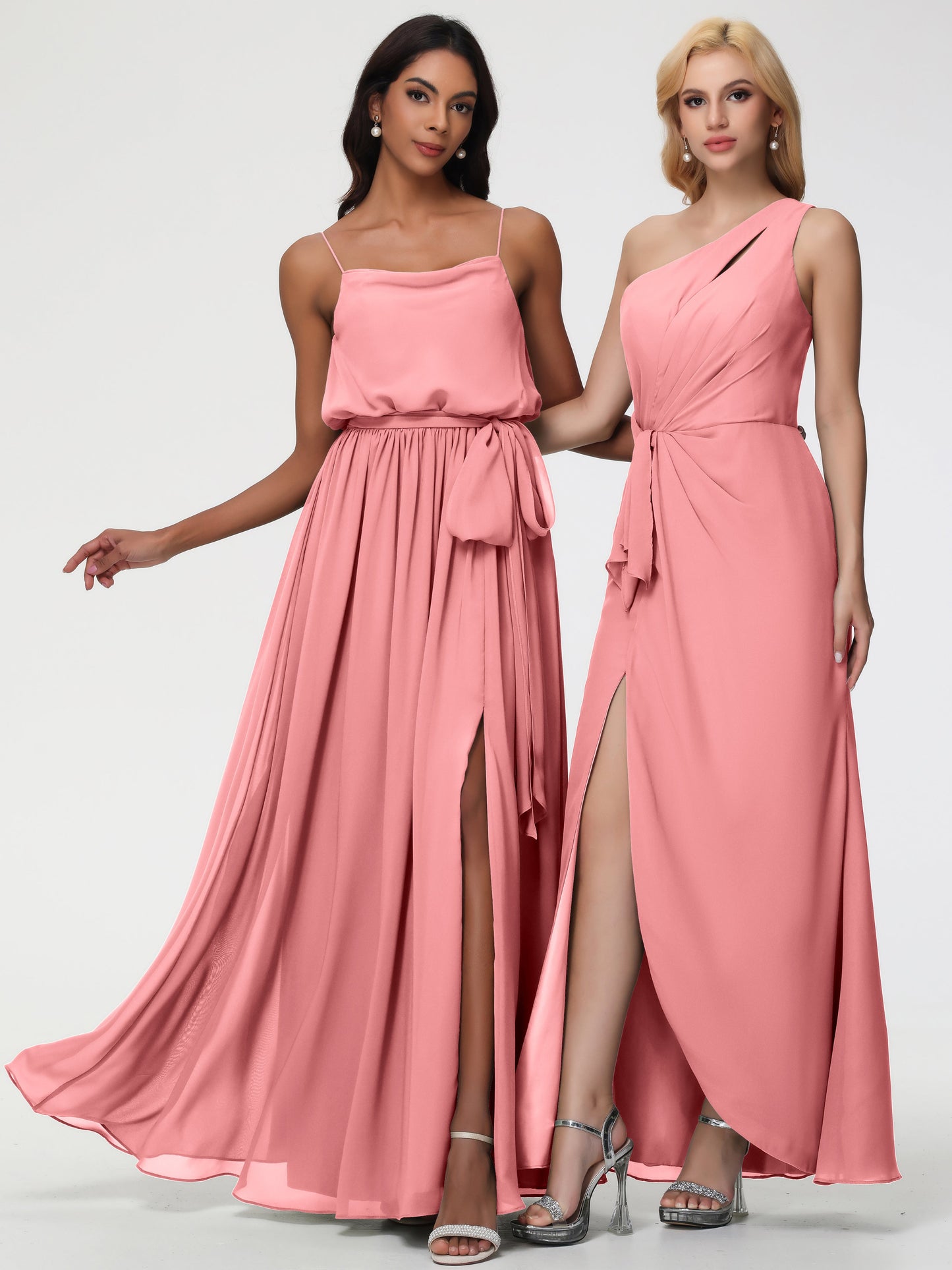 Flamingo Bridesmaid Dress A-Line Spaghetti Straps Cowl Back Floor Length Chiffon Bridesmaid Dresses with Split and Belt