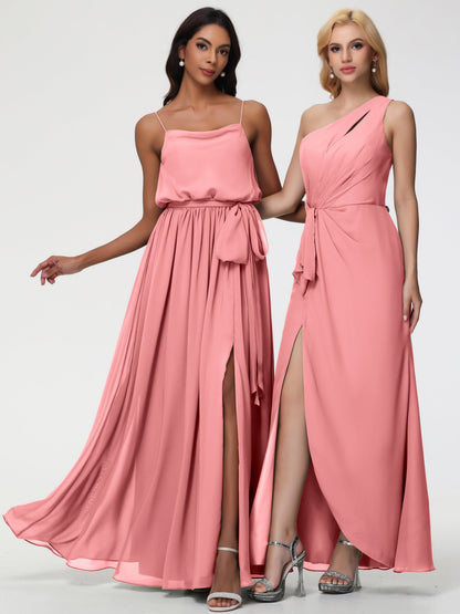 Flamingo Bridesmaid Dress A-Line Spaghetti Straps Cowl Back Floor Length Chiffon Bridesmaid Dresses with Split and Belt