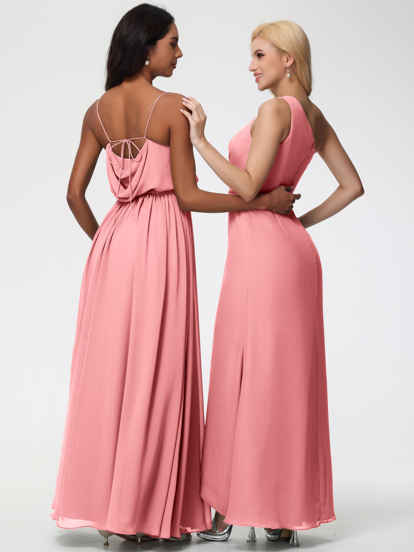Flamingo Bridesmaid Dress A-Line Spaghetti Straps Cowl Back Floor Length Chiffon Bridesmaid Dresses with Split and Belt