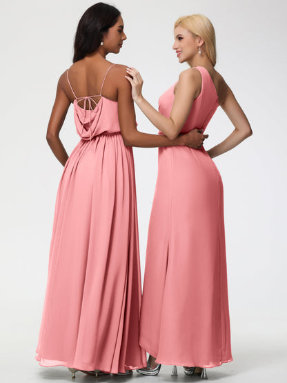 Flamingo Bridesmaid Dress A-Line Spaghetti Straps Cowl Back Floor Length Chiffon Bridesmaid Dresses with Split and Belt