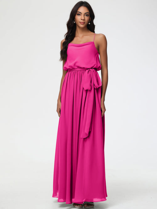 Fuchsia Pink Bridesmaid Dresses A-Line Spaghetti Straps Cowl Back Floor Length Chiffon Bridesmaid Dresses with Split and Belt